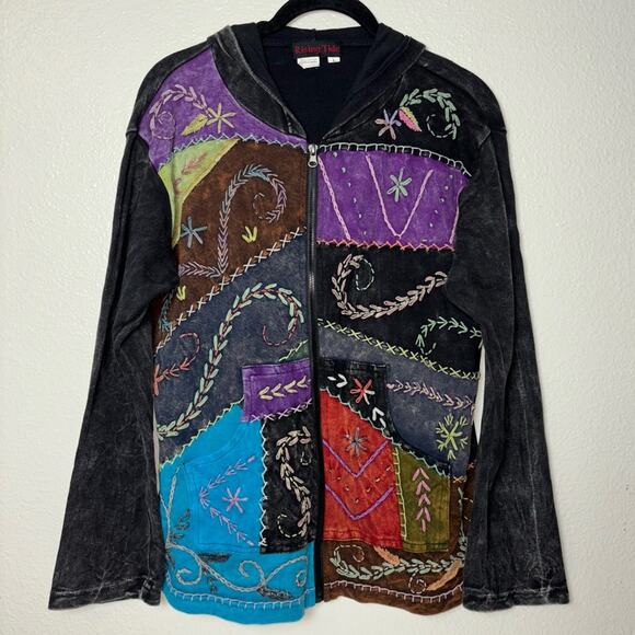Rising Tide Patchwork Embroidered Zip Up Jacket Large Gray Multicolor Boho - Picture 10 of 16